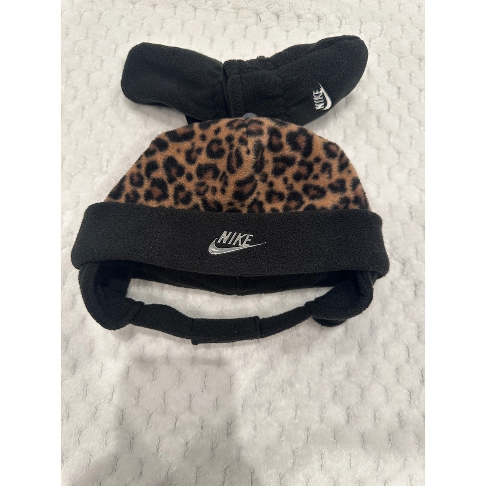 Nike Infant Fleece Trapper Hat and Mittens Set Leopard Print Black 2951-023